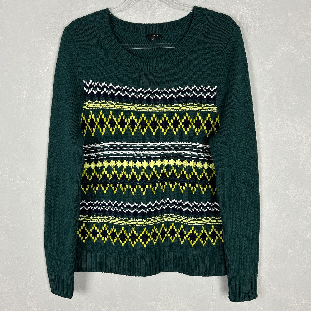 Talbots size L crewneck chunky knit sweater fair isle green cotton blend